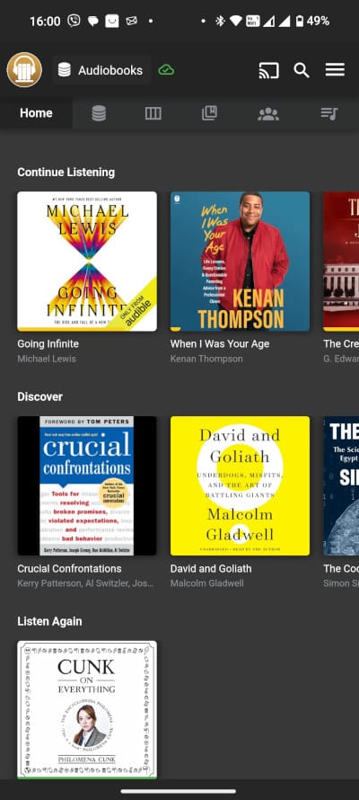 Audiobooks homepage on Android app