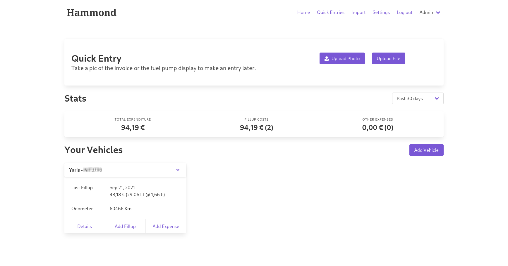 Track your car expenses and fuel consumption with Hammond on docker